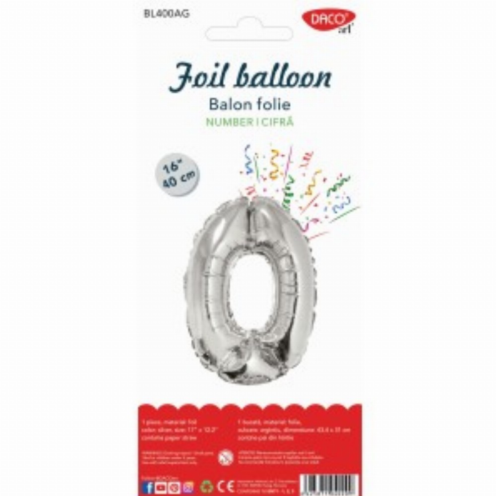Balon Folie Cifra 0 Argintiu 40 Cm