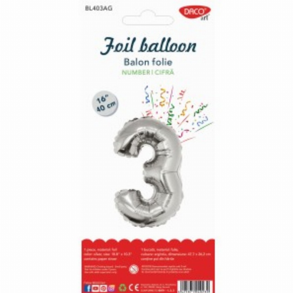 Balon Folie Cifra 3 Argintiu 40 Cm