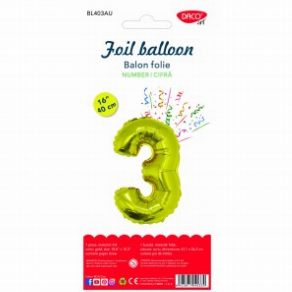 Balon Folie Cifra 3 Auriu 40 Cm