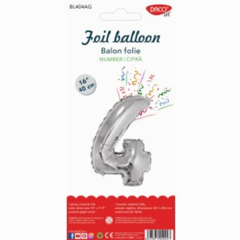 Balon Folie Cifra 4 Argintiu 40 Cm