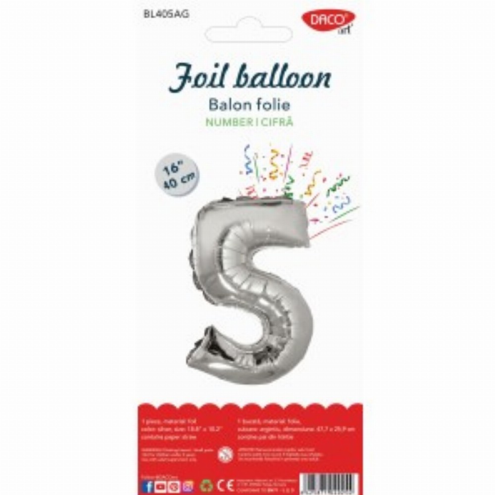 Balon Folie Cifra 5 Argintiu 40 Cm