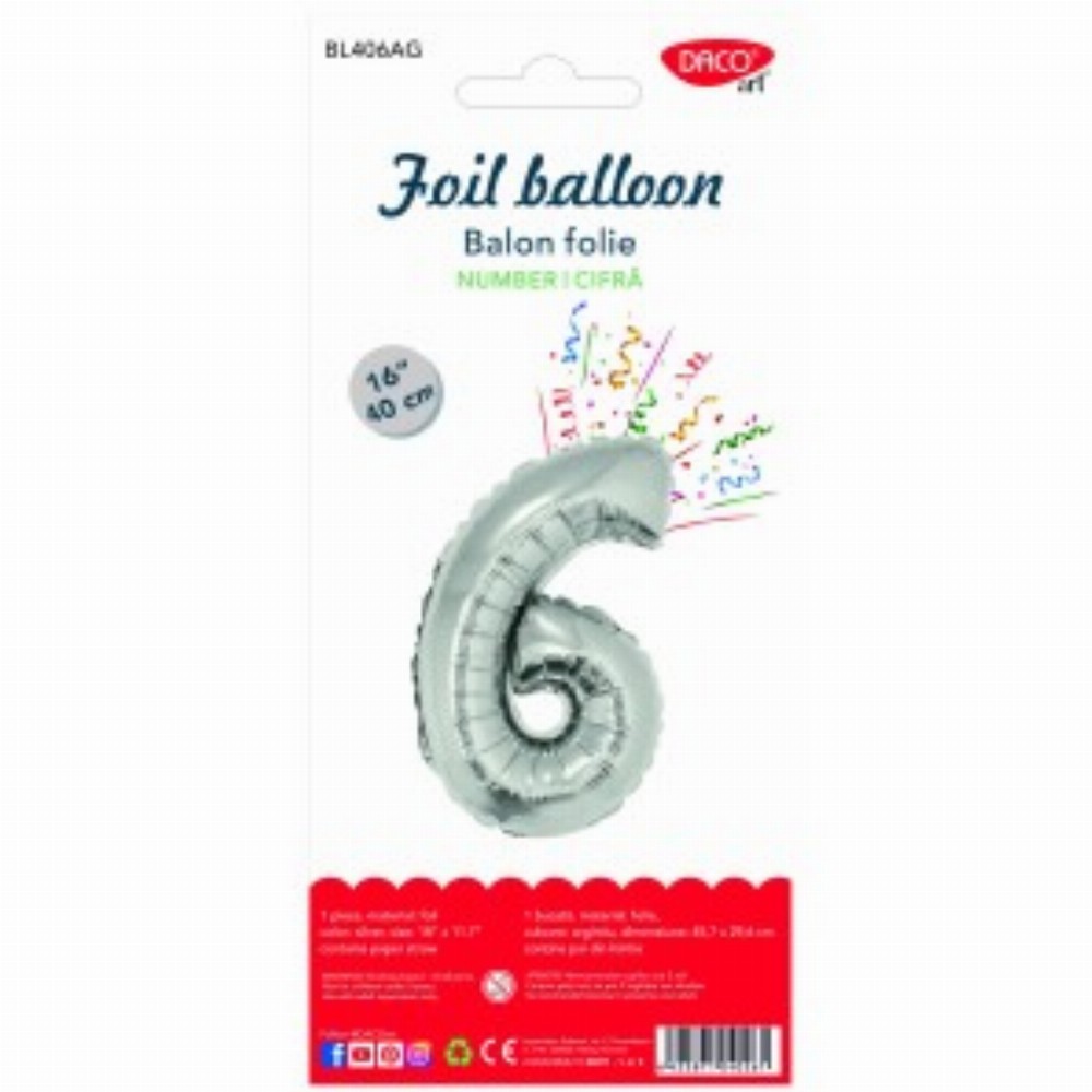 Balon Folie Cifra 6 Argintiu 40 Cm