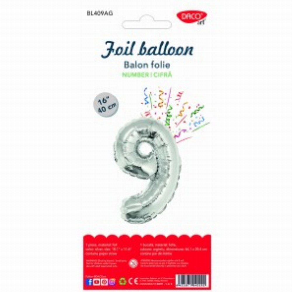 Balon Folie Cifra 9 Argintiu 40 Cm